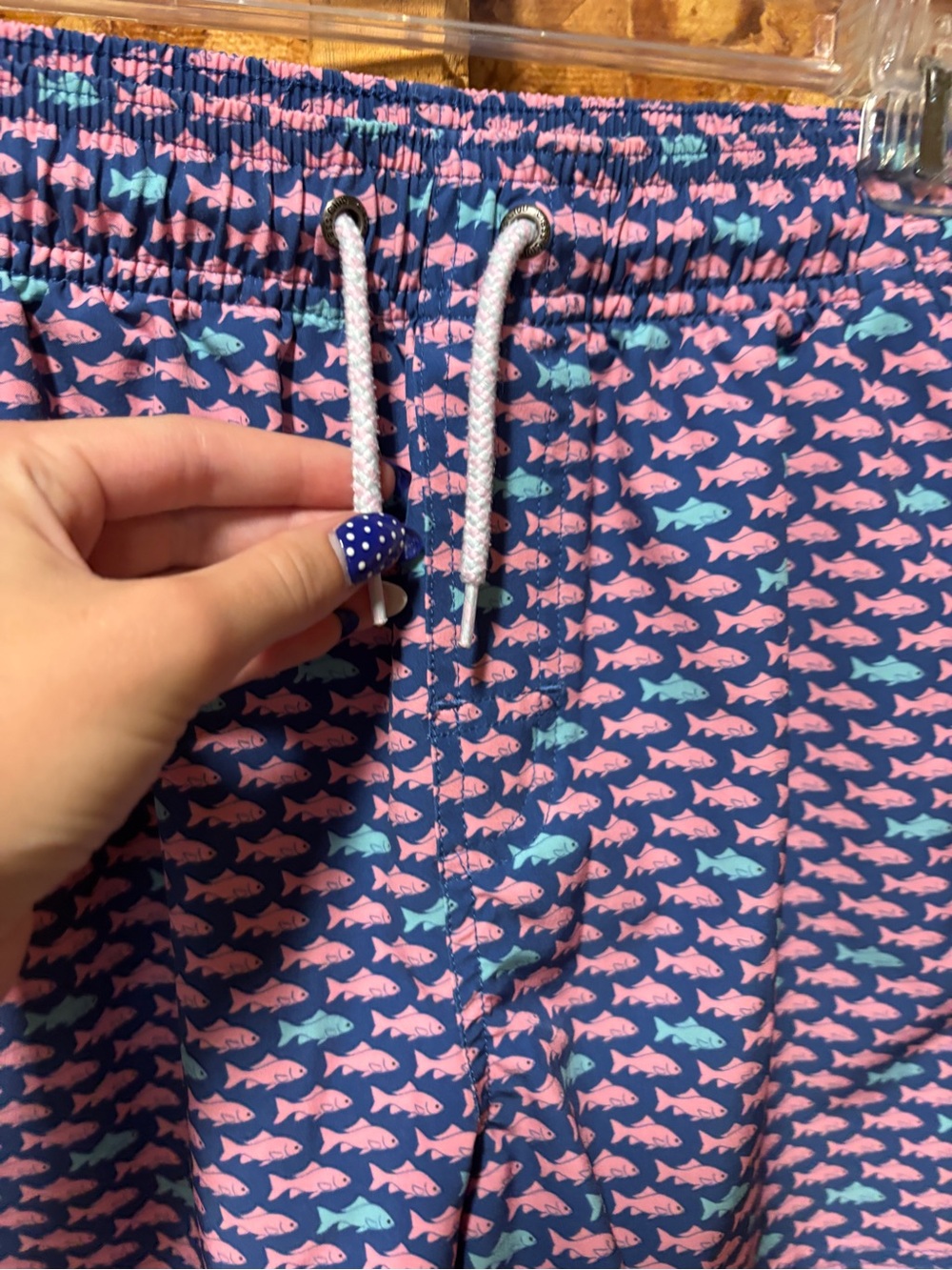 Class Club Navy Swim Shorts with Pink & Light Blue Fish Print - Picture 5 of 7